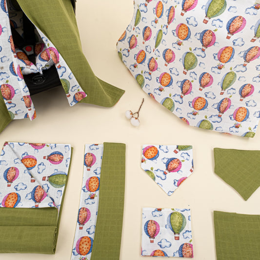 9 Parça Avantajlı Set - Çift Taraflı - Fıstık Yeşili Muslin - Uçan Balonlar