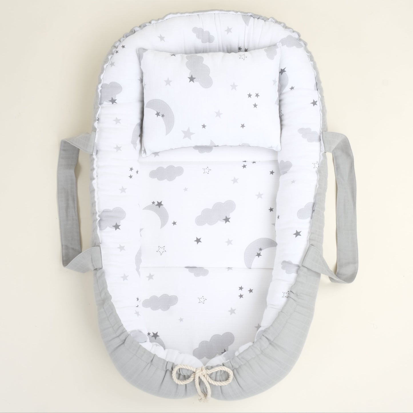 Babynest ve Yastık - Çift Taraflı - Açık Gri Muslin - Gri Ay