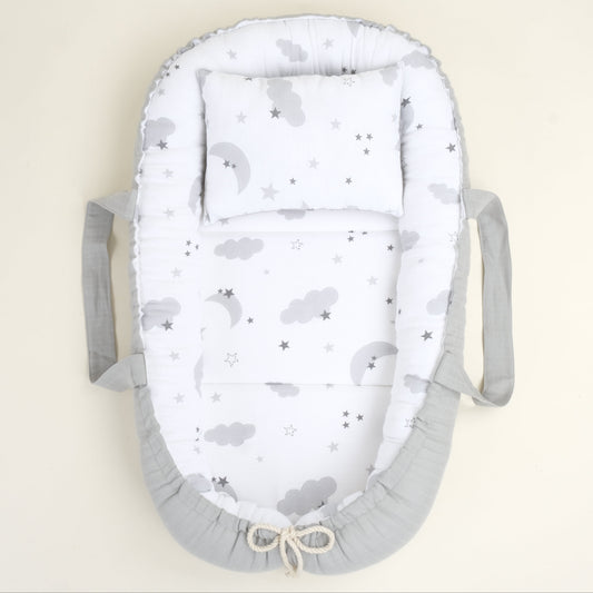 Babynest ve Yastık - Çift Taraflı - Açık Gri Muslin - Gri Ay