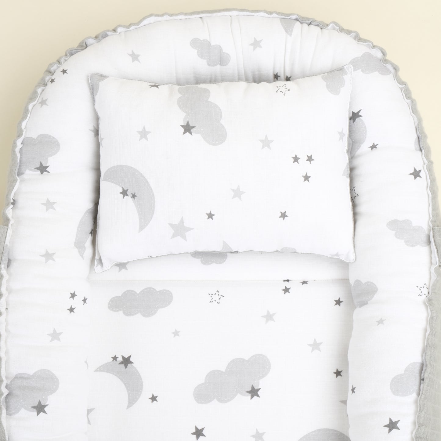 Babynest ve Yastık - Çift Taraflı - Açık Gri Muslin - Gri Ay