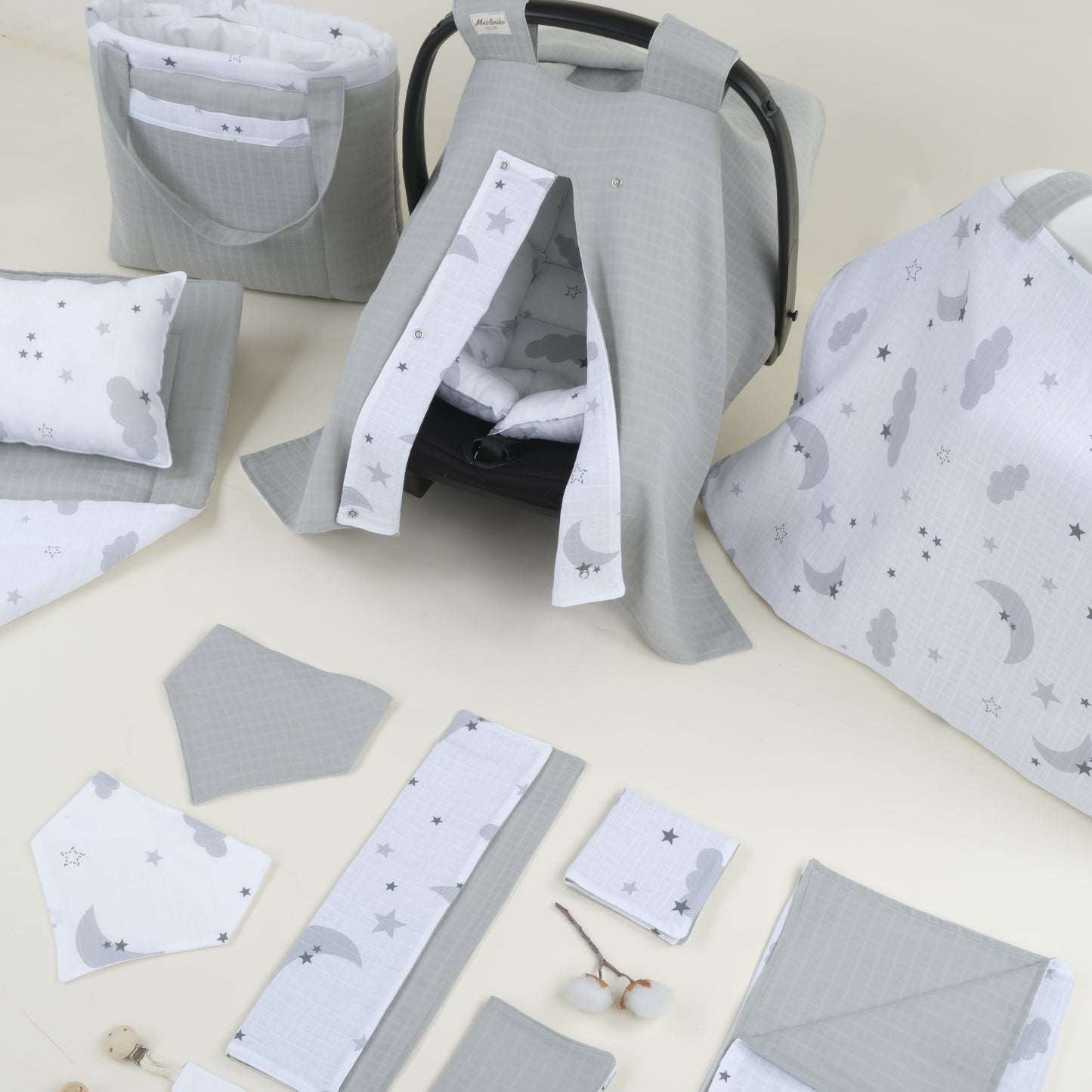 14 Parça Avantajlı Set - Çift Taraflı - Açık Gri Muslin - Gri Ay