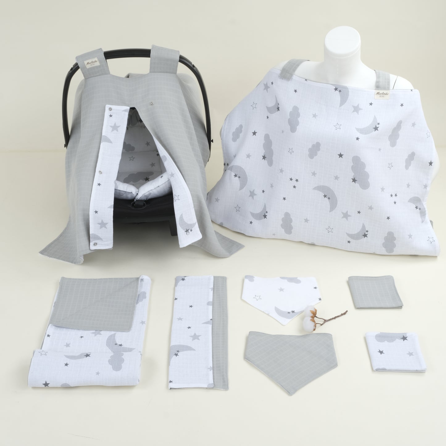 9 Parça Avantajlı Set - Çift Taraflı - Açık Gri Muslin - Gri Ay