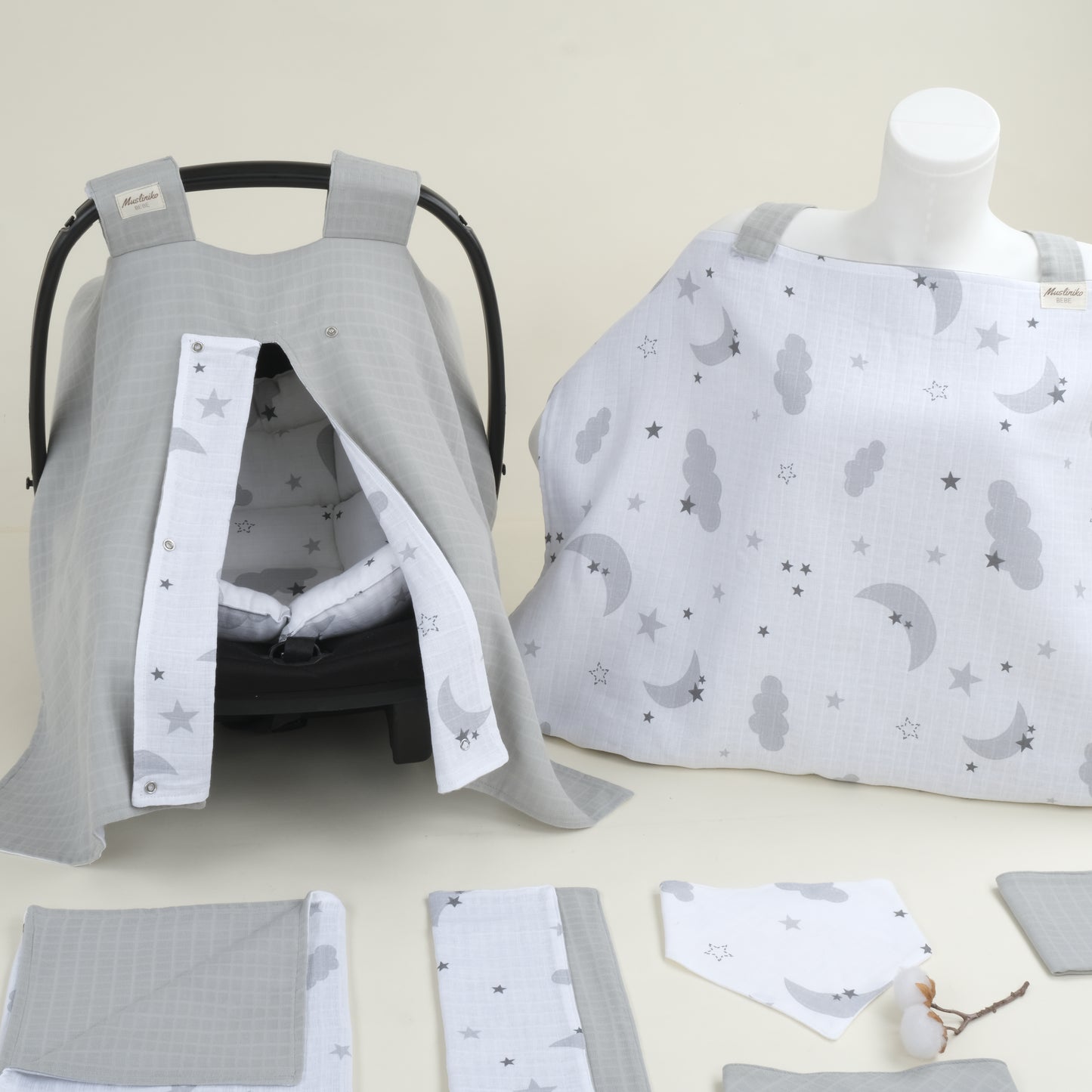 9 Parça Avantajlı Set - Çift Taraflı - Açık Gri Muslin - Gri Ay