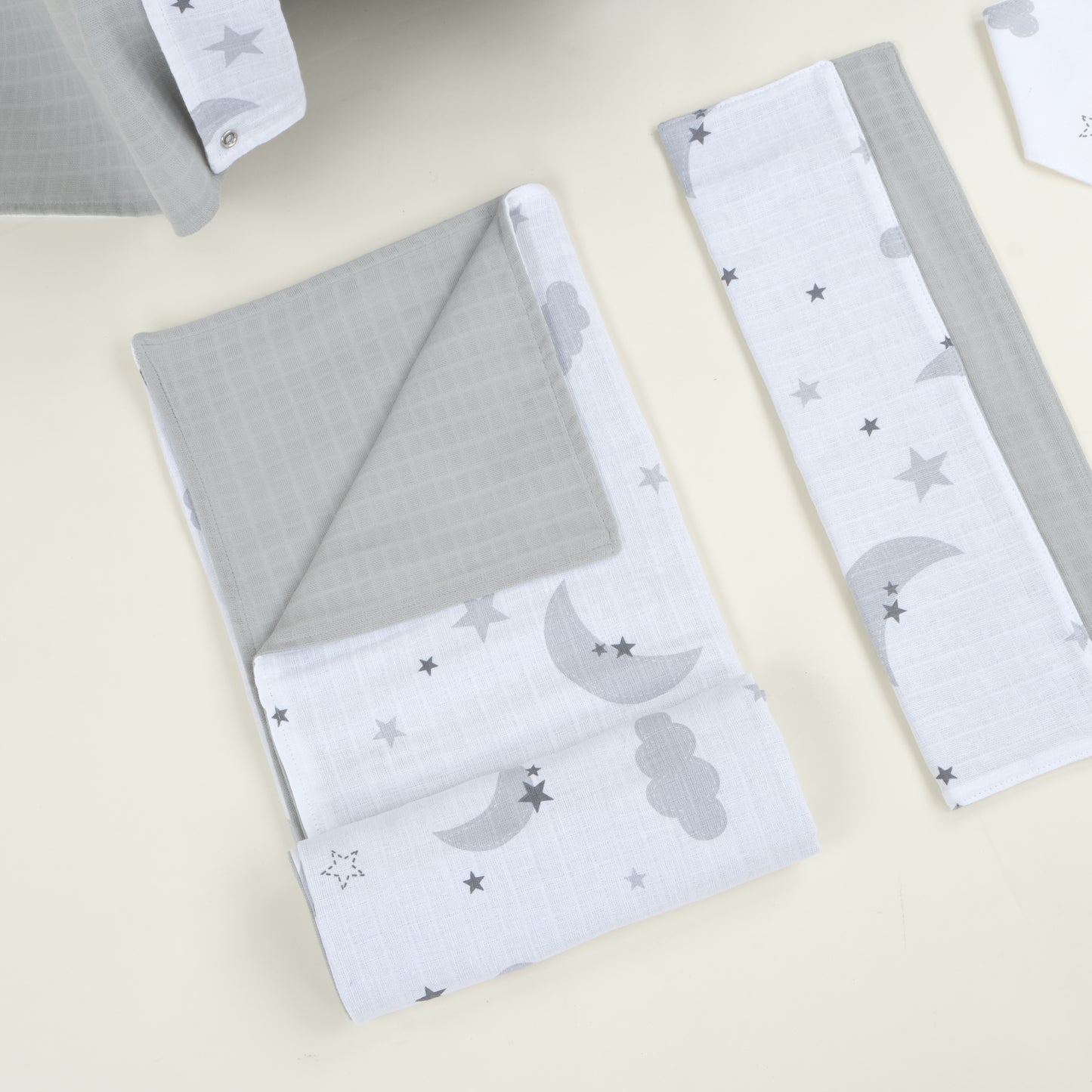 9 Parça Avantajlı Set - Çift Taraflı - Açık Gri Muslin - Gri Ay