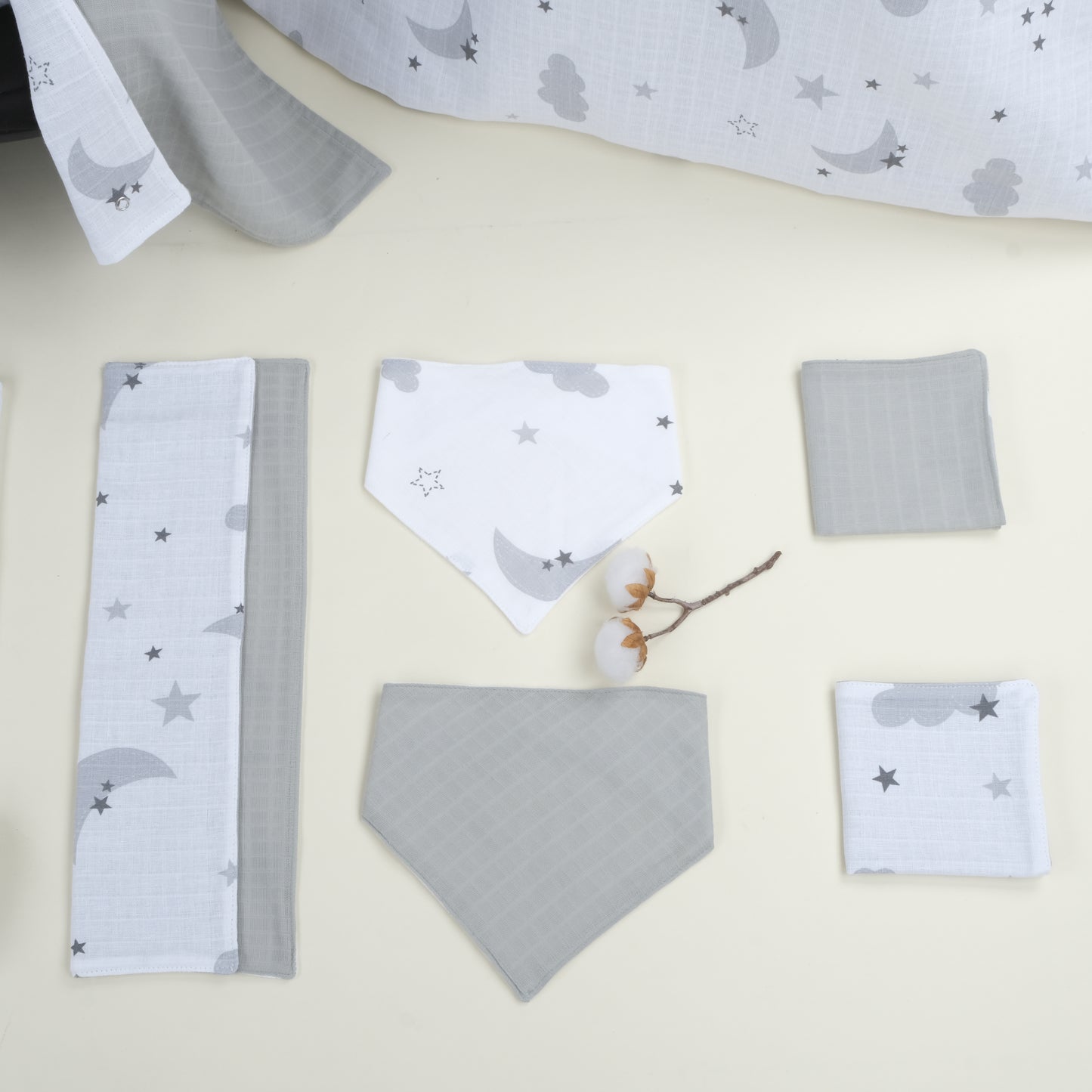 9 Parça Avantajlı Set - Çift Taraflı - Açık Gri Muslin - Gri Ay