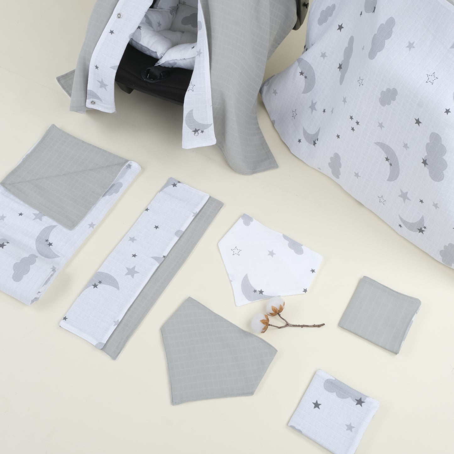 9 Parça Avantajlı Set - Çift Taraflı - Açık Gri Muslin - Gri Ay
