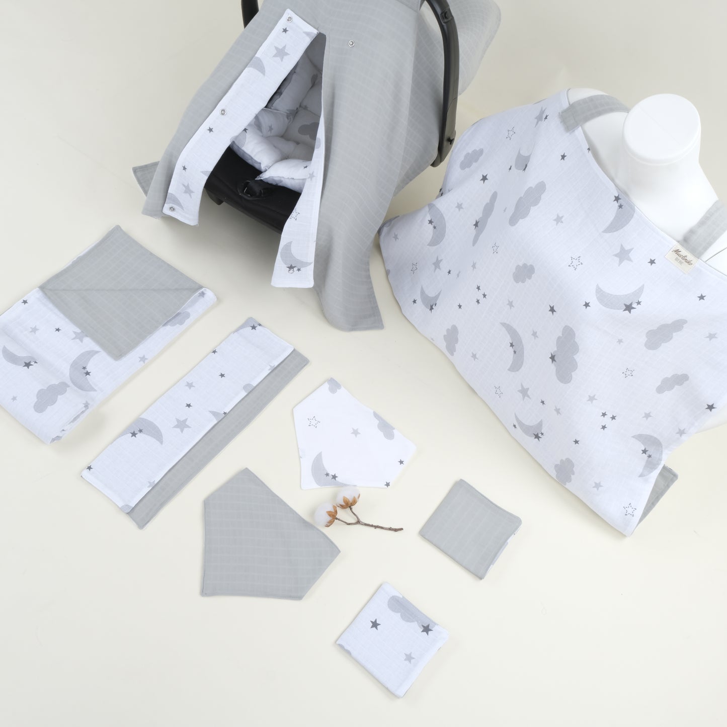 9 Parça Avantajlı Set - Çift Taraflı - Açık Gri Muslin - Gri Ay
