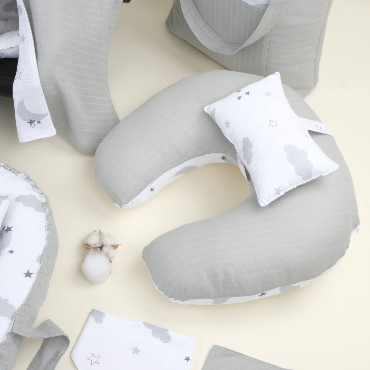 18 Parça Full Set - Çift Taraflı - Açık Gri Muslin - Gri Ay