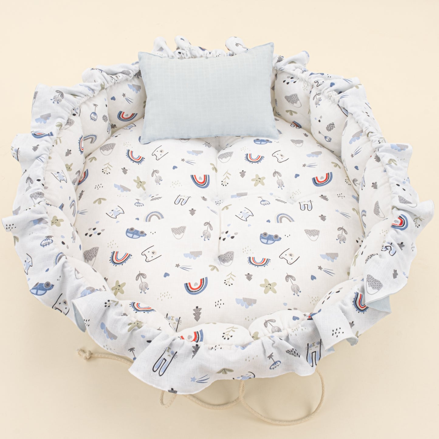 Yuvarlak Babynest ve Yastık - Çift Taraflı - Bebe Mavi Muslin - Mavi Kedi