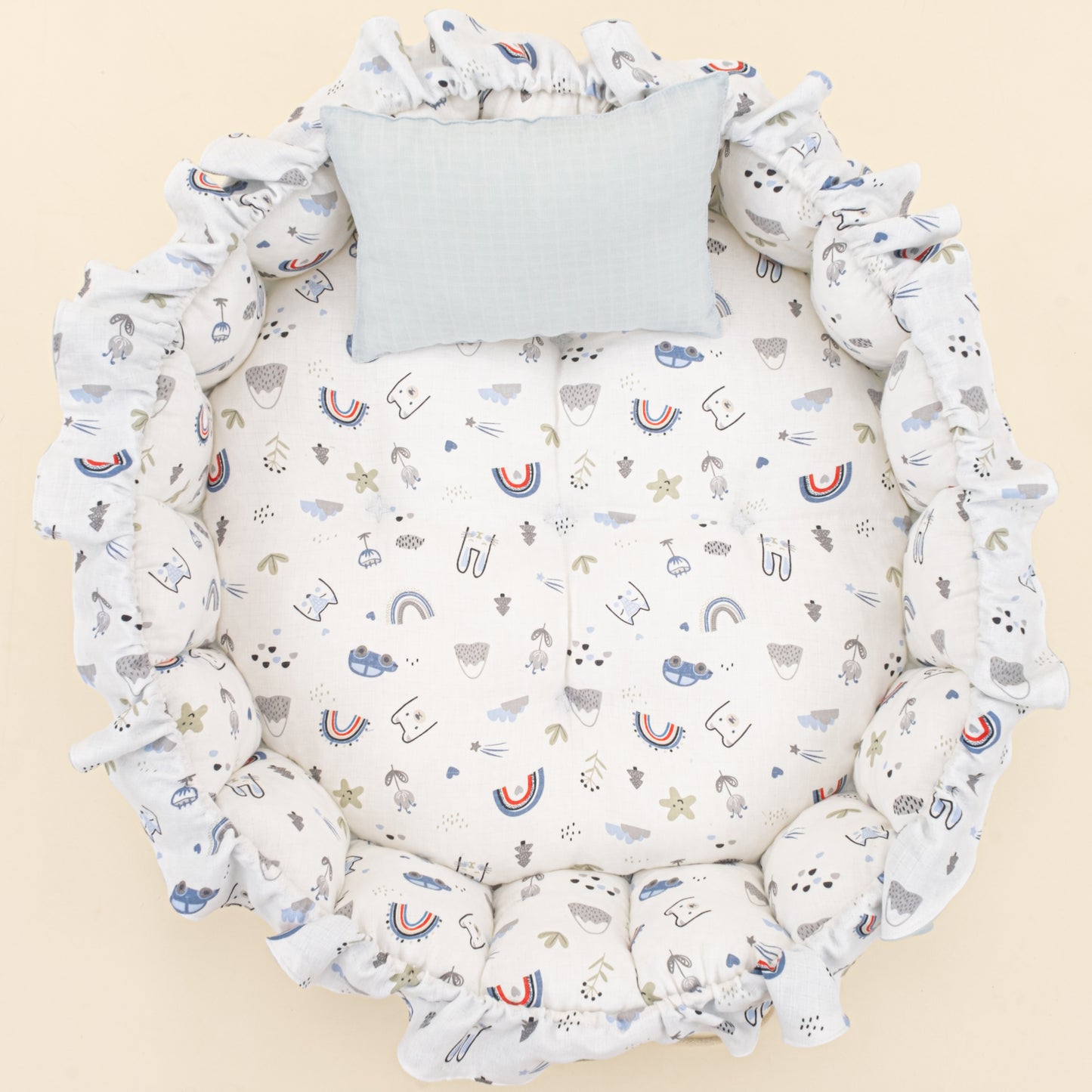 Yuvarlak Babynest ve Yastık - Çift Taraflı - Bebe Mavi Muslin - Mavi Kedi