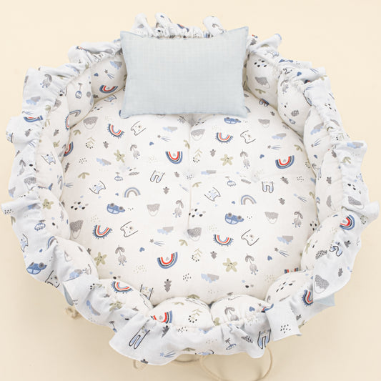 Yuvarlak Babynest ve Yastık - Çift Taraflı - Bebe Mavi Muslin - Mavi Kedi
