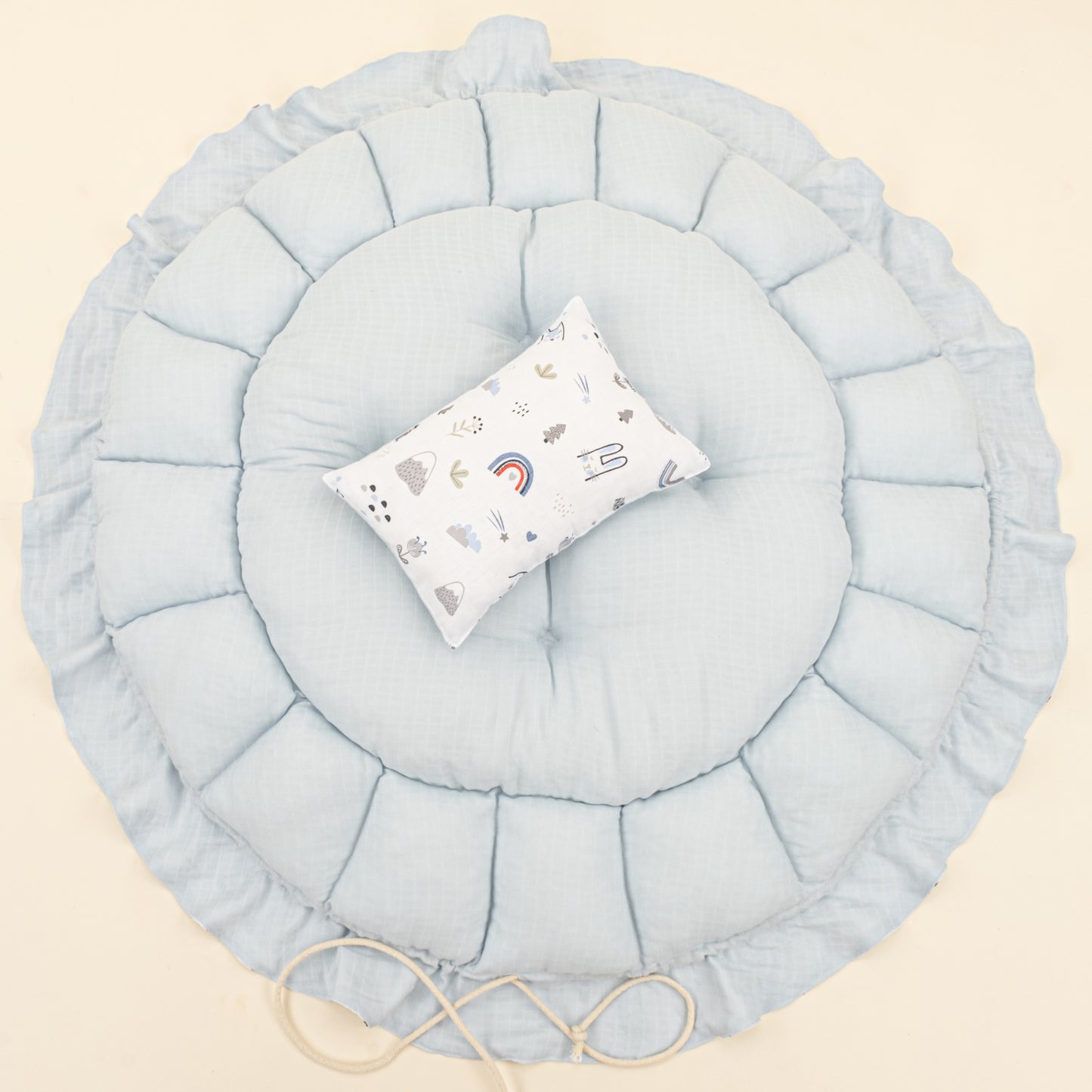 Yuvarlak Babynest ve Yastık - Çift Taraflı - Bebe Mavi Muslin - Mavi Kedi
