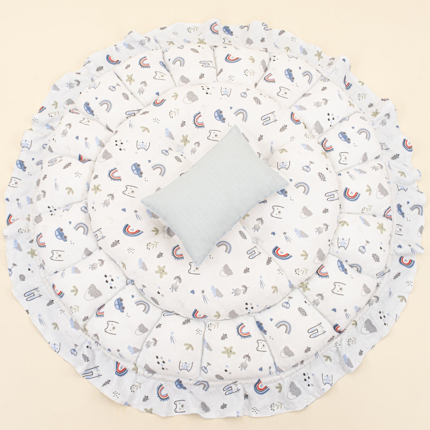 Yuvarlak Babynest ve Yastık - Çift Taraflı - Bebe Mavi Muslin - Mavi Kedi