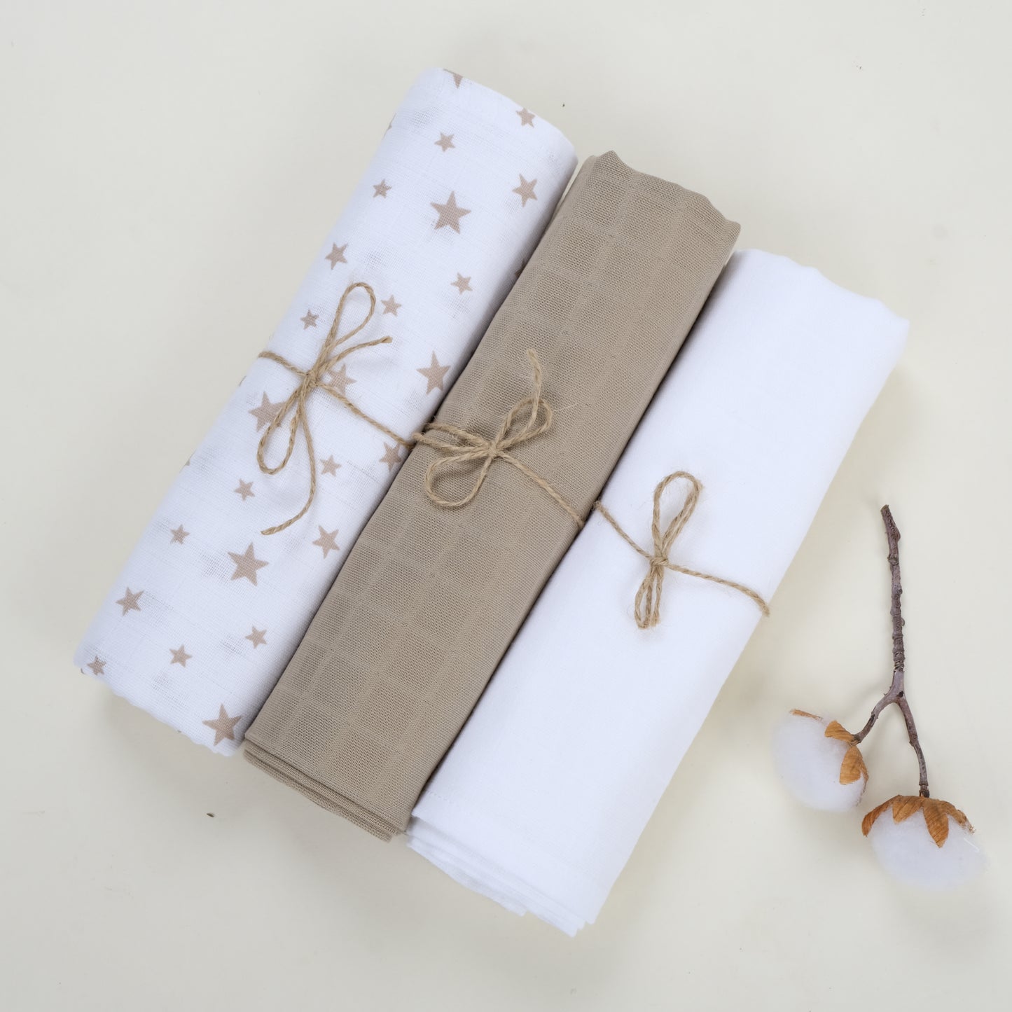 3lü Set - Müslin Örtü - Beyaz - Kahverengi Yıldız - Toprak