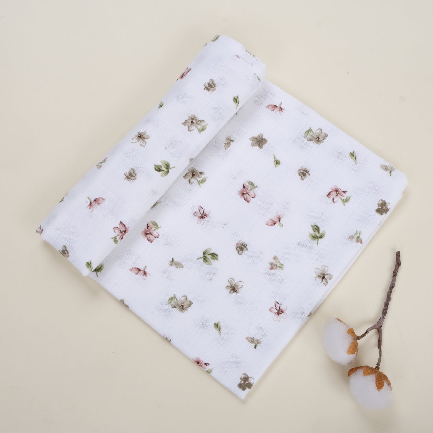3lü Set - Müslin Örtü - Pudra - Çiçekler - Haki
