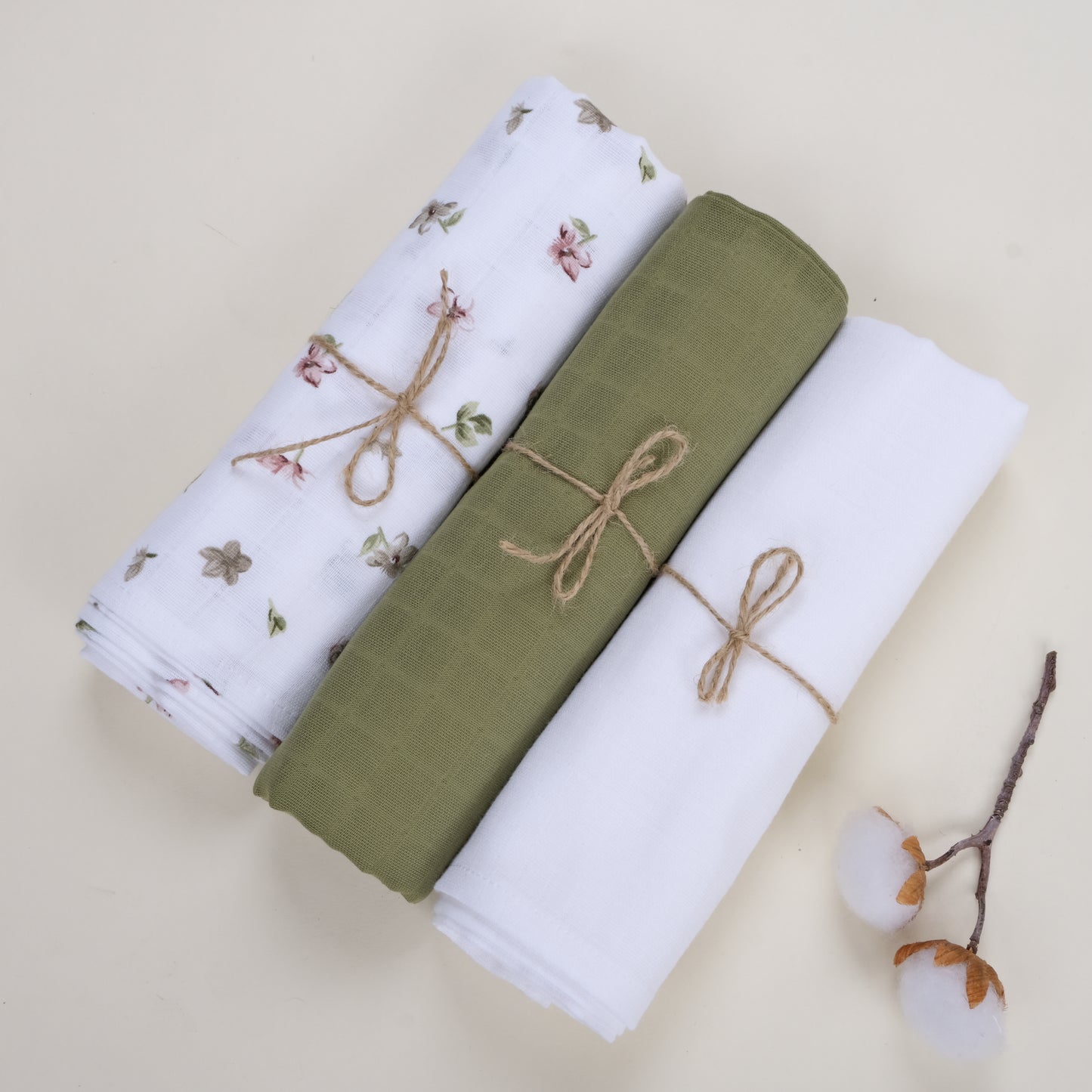 3lü Set - Müslin Örtü - Beyaz - Çiçekler - Haki