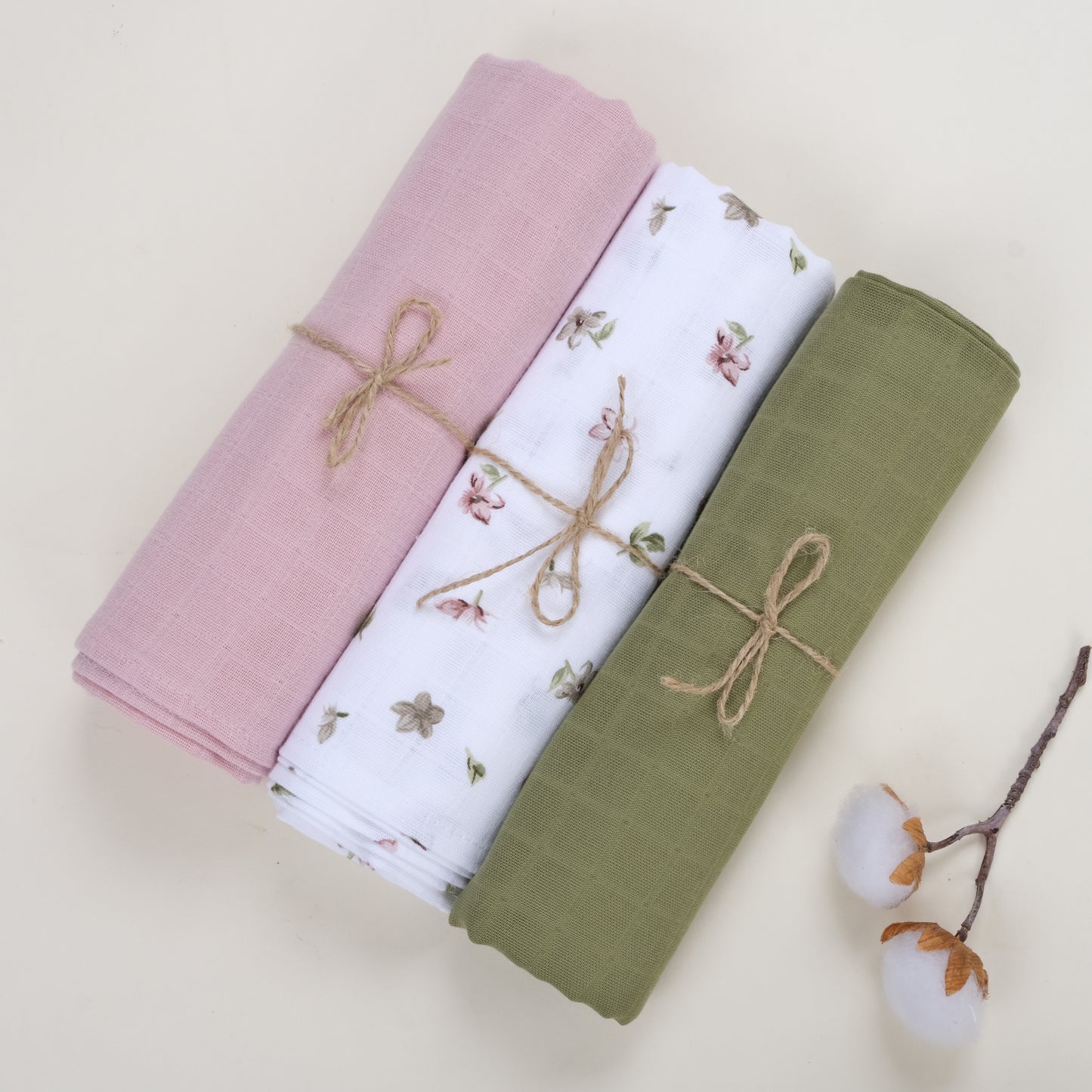 3lü Set - Müslin Örtü - Pudra - Çiçekler - Haki