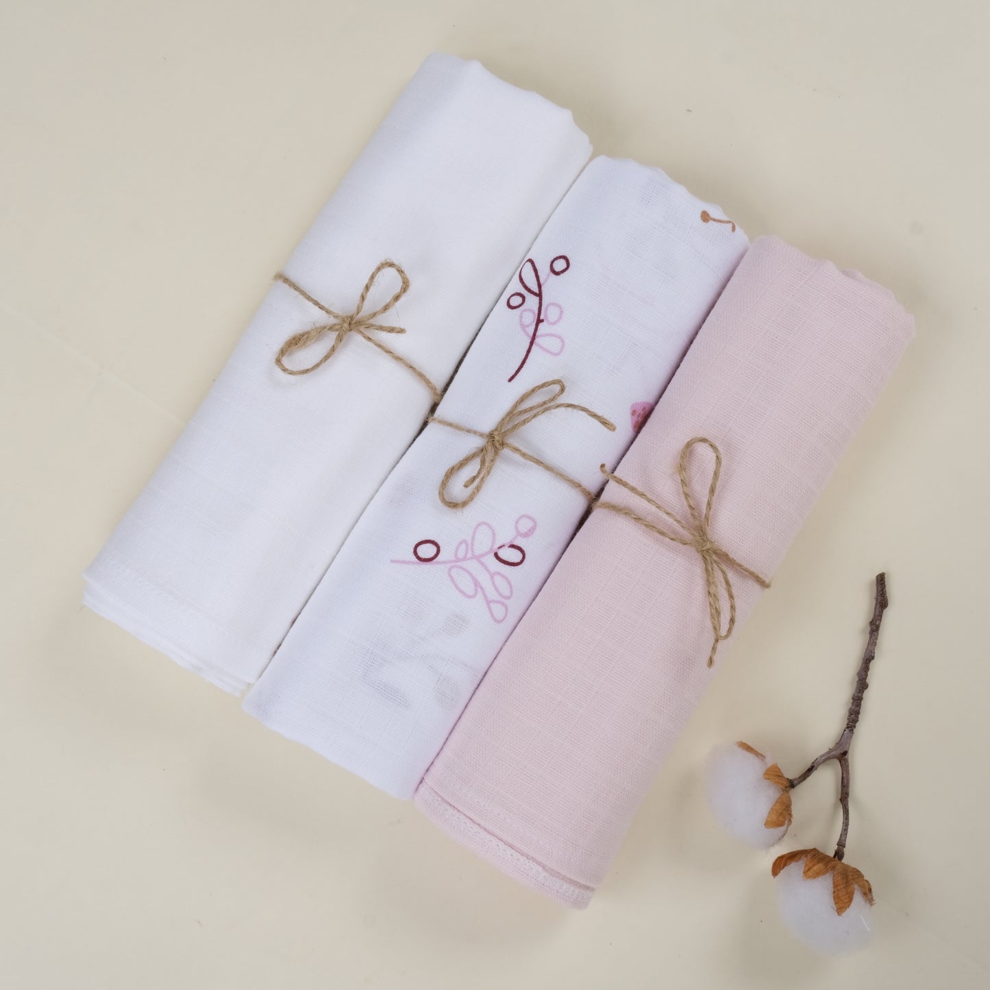 3lü Set - Müslin Örtü - Beyaz - Pastel Bahce - Bebe Pembe