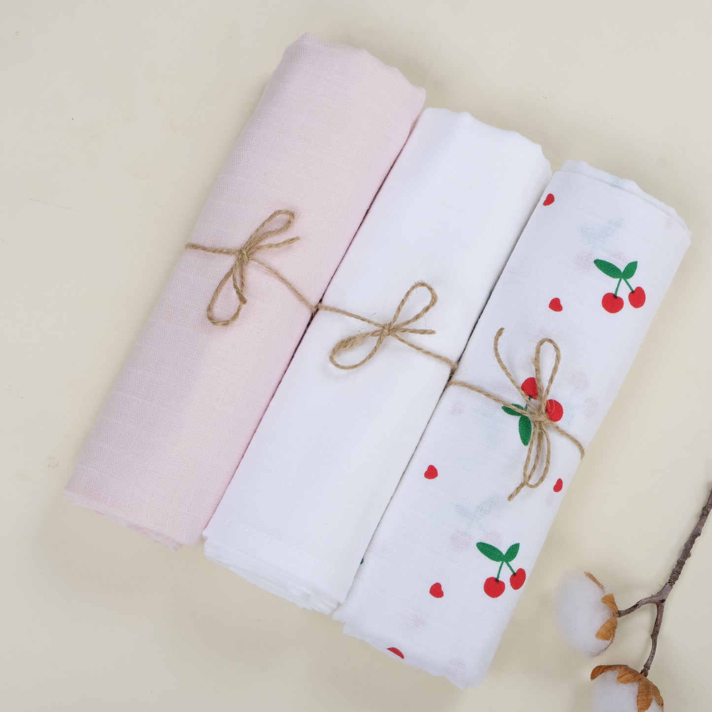 3lü Set - Müslin Örtü - Beyaz - Bebe Pembe - Kiraz