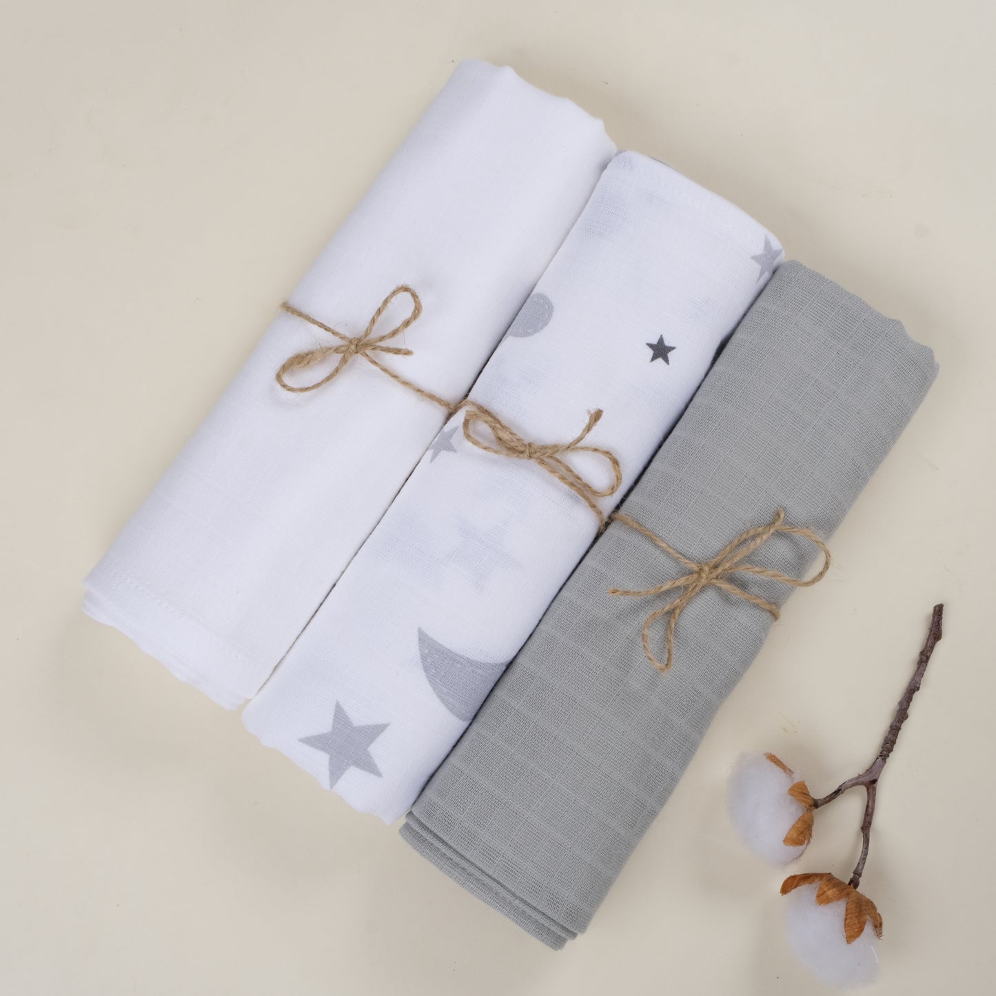 3lü Set - Müslin Örtü - Gri / Beyaz / Gri Ay
