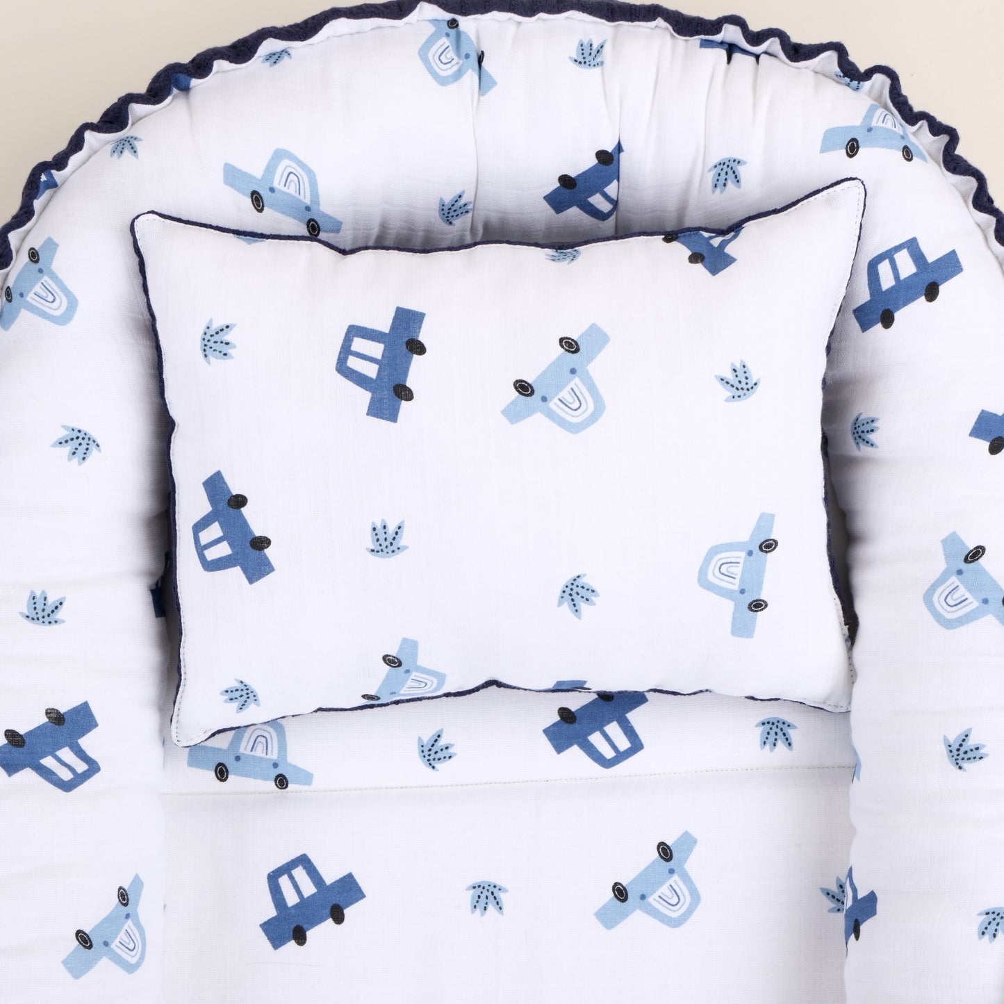 Babynest ve Yastık - Çift Taraflı - Lacivert Örgü - Mavi Arabalar