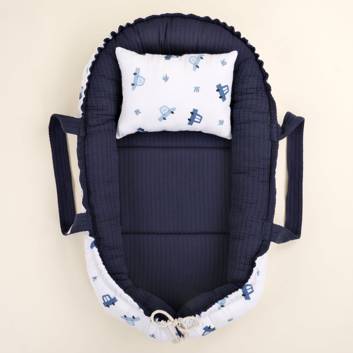 Babynest ve Yastık - Çift Taraflı - Lacivert Örgü - Mavi Arabalar