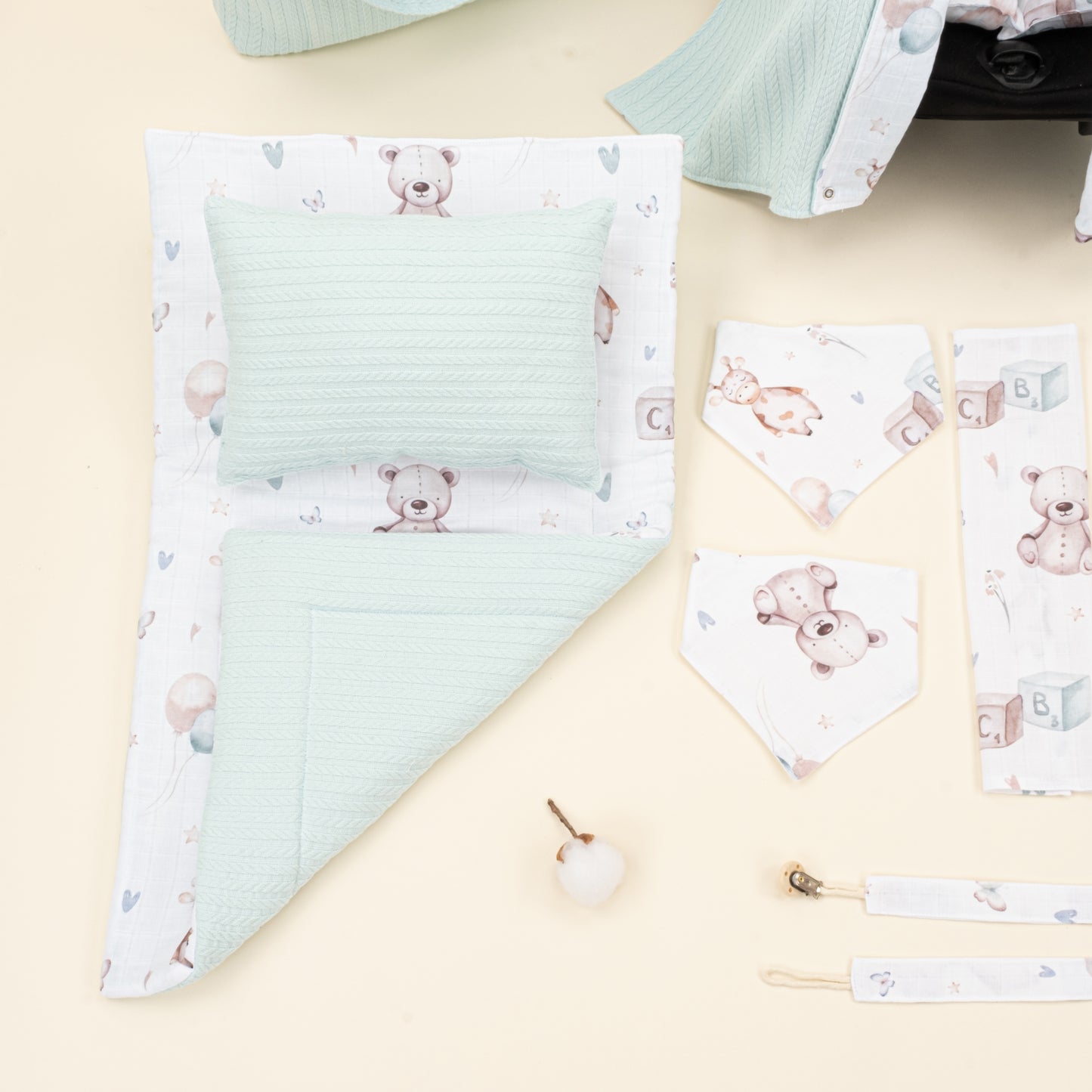 14 Parça Avantajlı Set - Çift Taraflı - Dijital Baskı Muslin - Turkuaz Örgü - Sevimli Ayıcıklar
