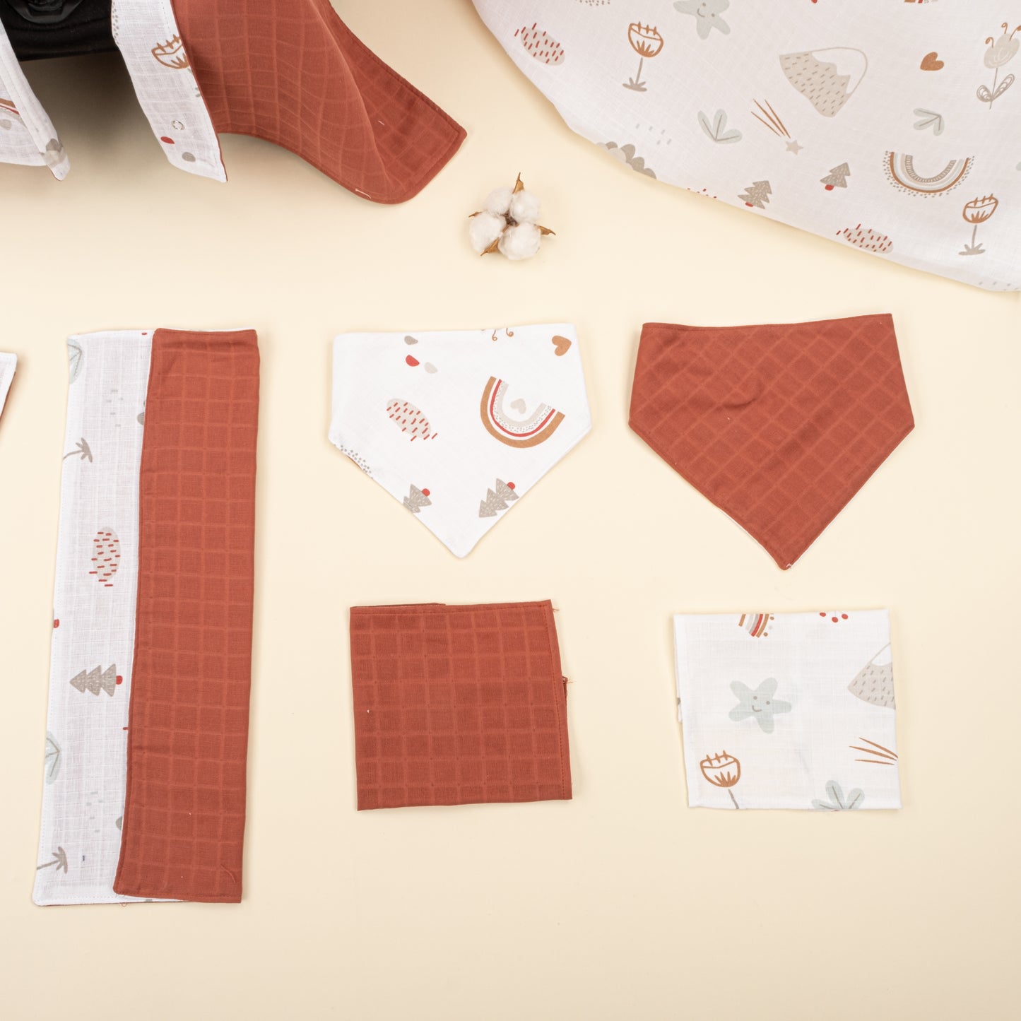 11 Parça Avantajlı Set - Çift Taraflı - Koyu Kiremit Muslin - Kahverengi Gökkuşağı