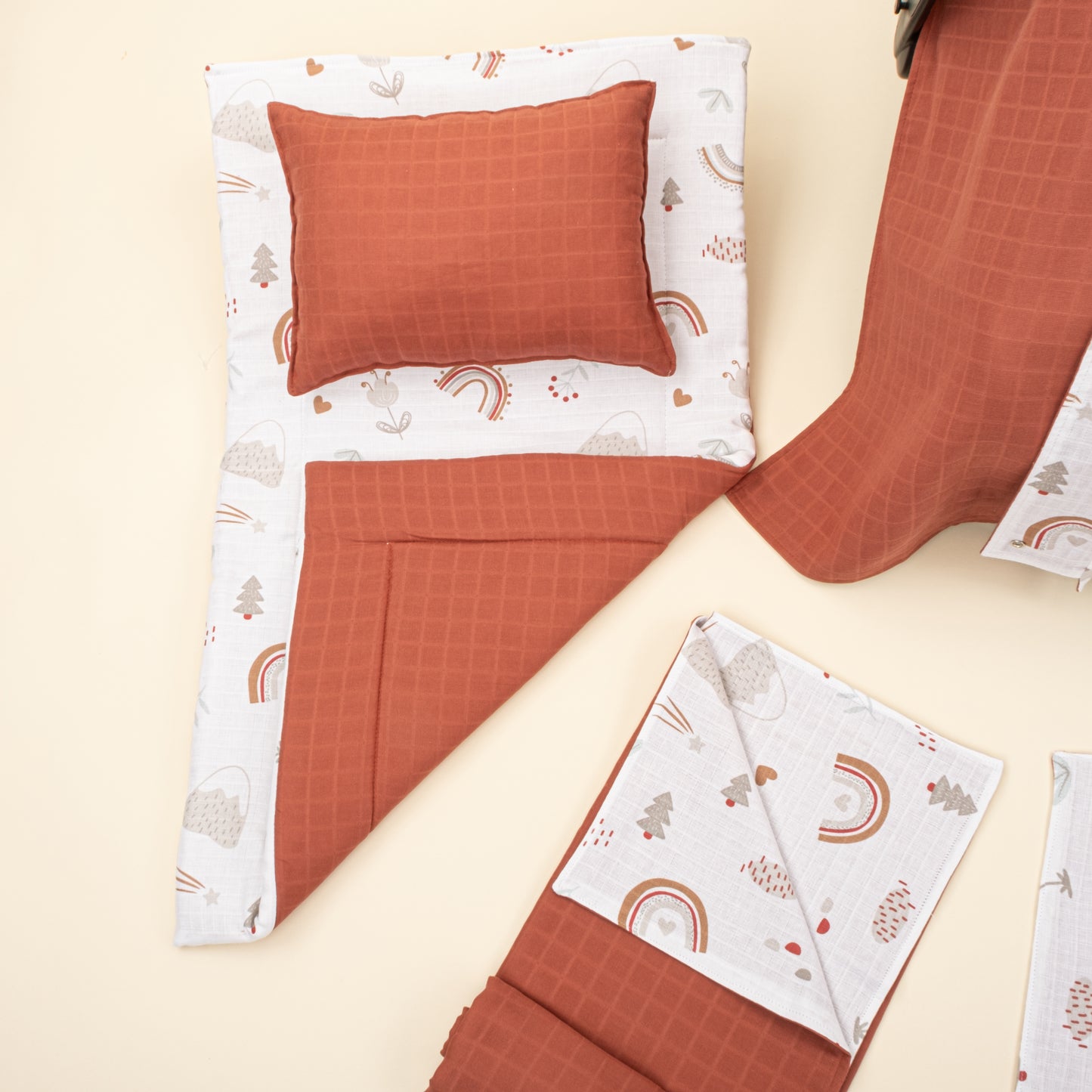 11 Parça Avantajlı Set - Çift Taraflı - Koyu Kiremit Muslin - Kahverengi Gökkuşağı