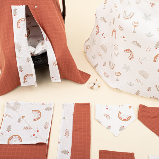 9 Parça Avantajlı Set - Çift Taraflı - Koyu Kiremit Muslin - Kahverengi Gökkuşağı