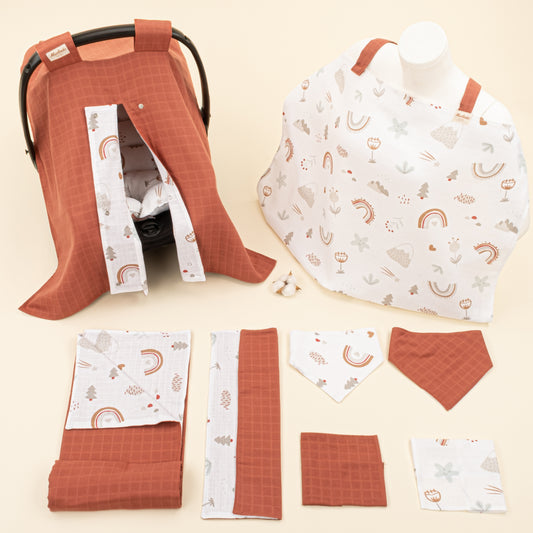9 Parça Avantajlı Set - Çift Taraflı - Koyu Kiremit Muslin - Kahverengi Gökkuşağı