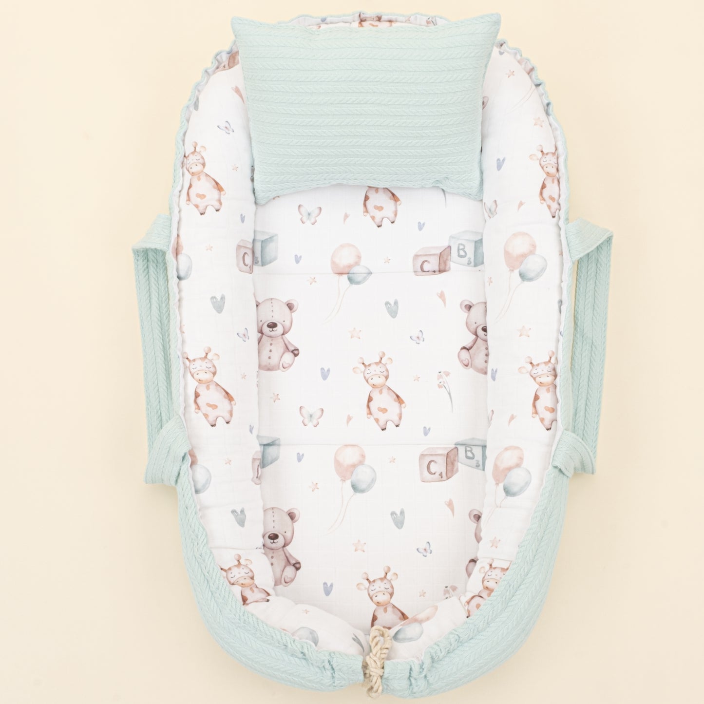 Babynest ve Yastık - Çift Taraflı - Dijital Baskı Muslin - Turkuaz Örgü - Sevimli Ayıcıklar