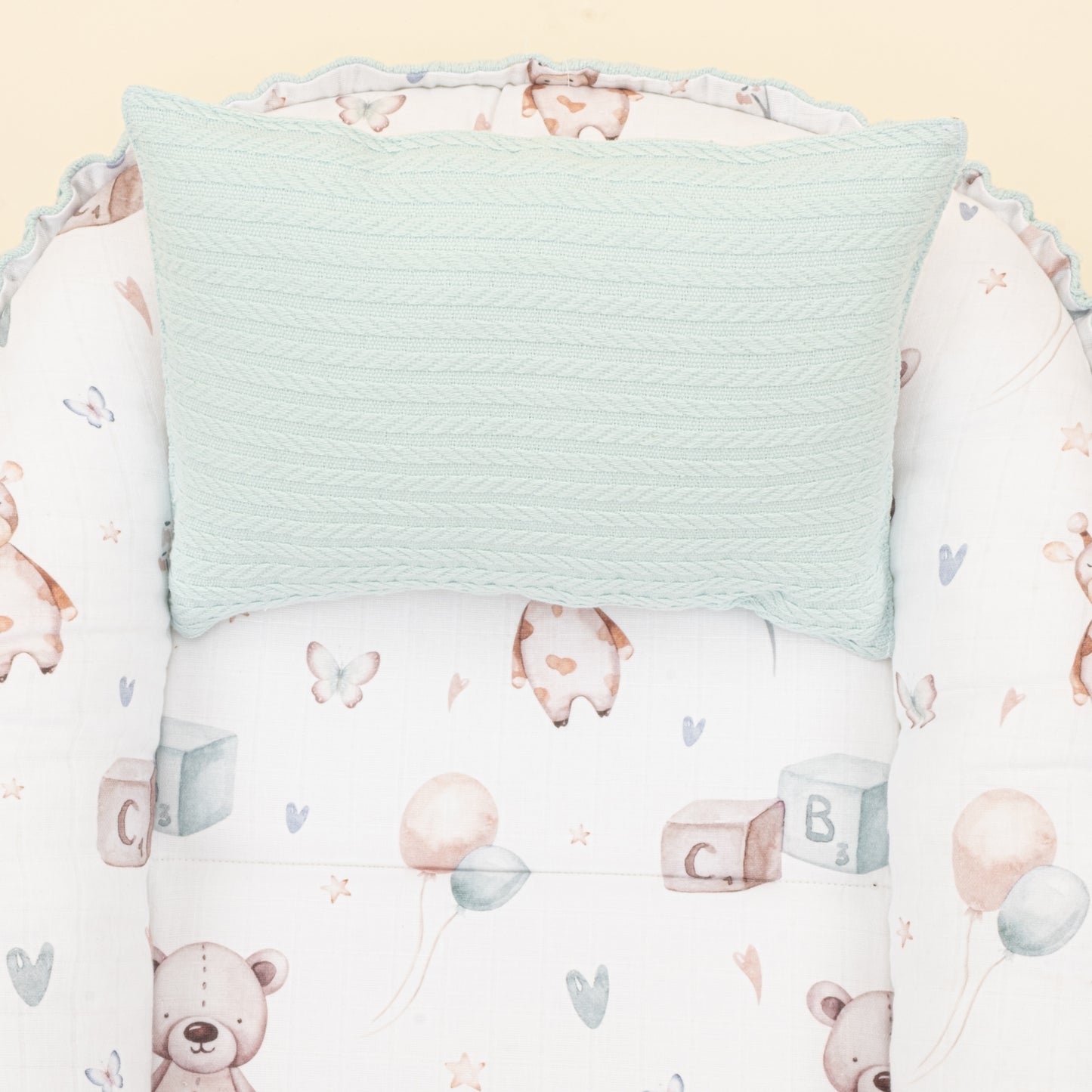 Babynest ve Yastık - Çift Taraflı - Dijital Baskı Muslin - Turkuaz Örgü - Sevimli Ayıcıklar