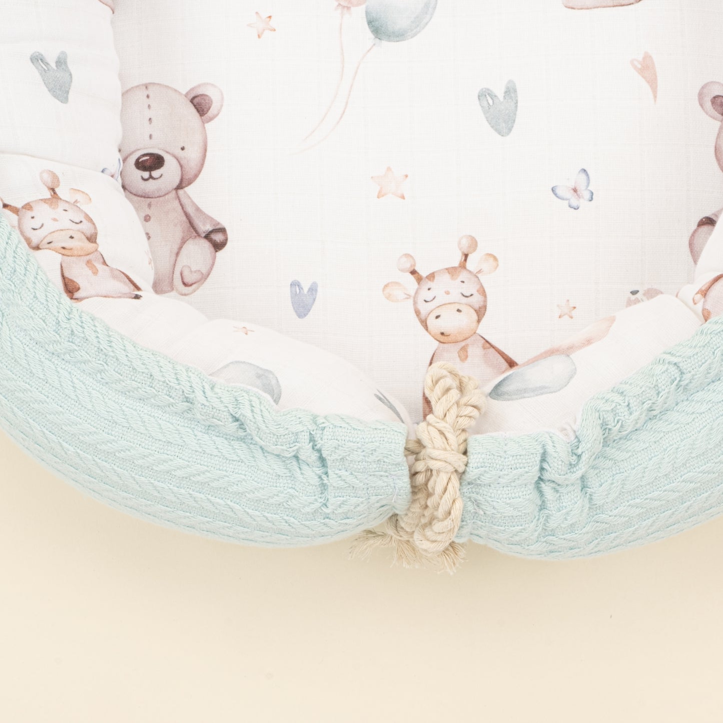 Babynest ve Yastık - Çift Taraflı - Dijital Baskı Muslin - Turkuaz Örgü - Sevimli Ayıcıklar
