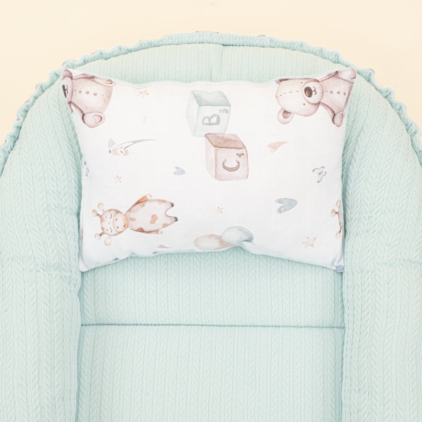 Babynest ve Yastık - Çift Taraflı - Dijital Baskı Muslin - Turkuaz Örgü - Sevimli Ayıcıklar