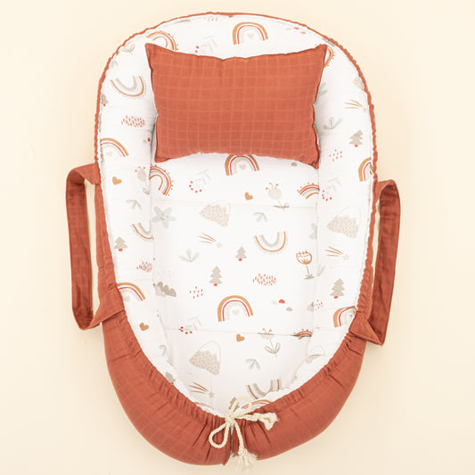 Babynest ve Yastık- Çift Taraflı - Koyu Kiremit Muslin - Kahverengi Gökkuşağı