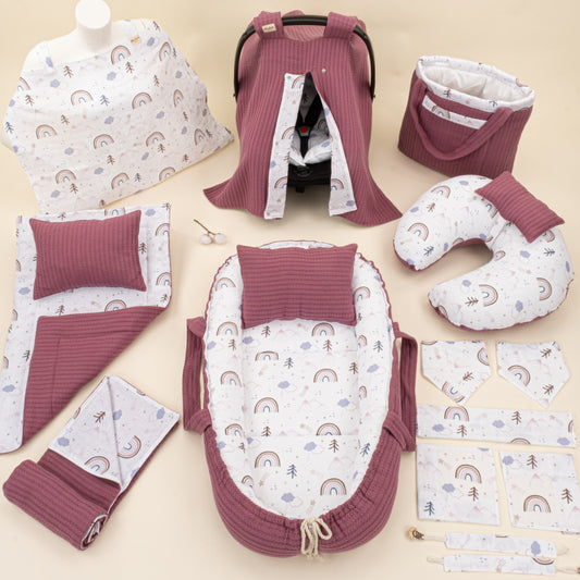 18 Parça Full Set - Çift Taraflı - Mürdüm Örgü - Pastel Gökkuşağı