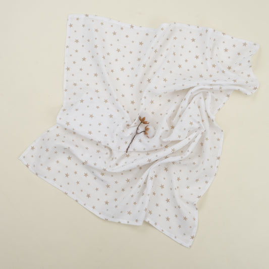 3 lü Bebek Muslin Kundak Set - Dört Katlı Püsküllü Beyaz - İki Katlı Sütlü Kahve - Kahverengi Yıldız