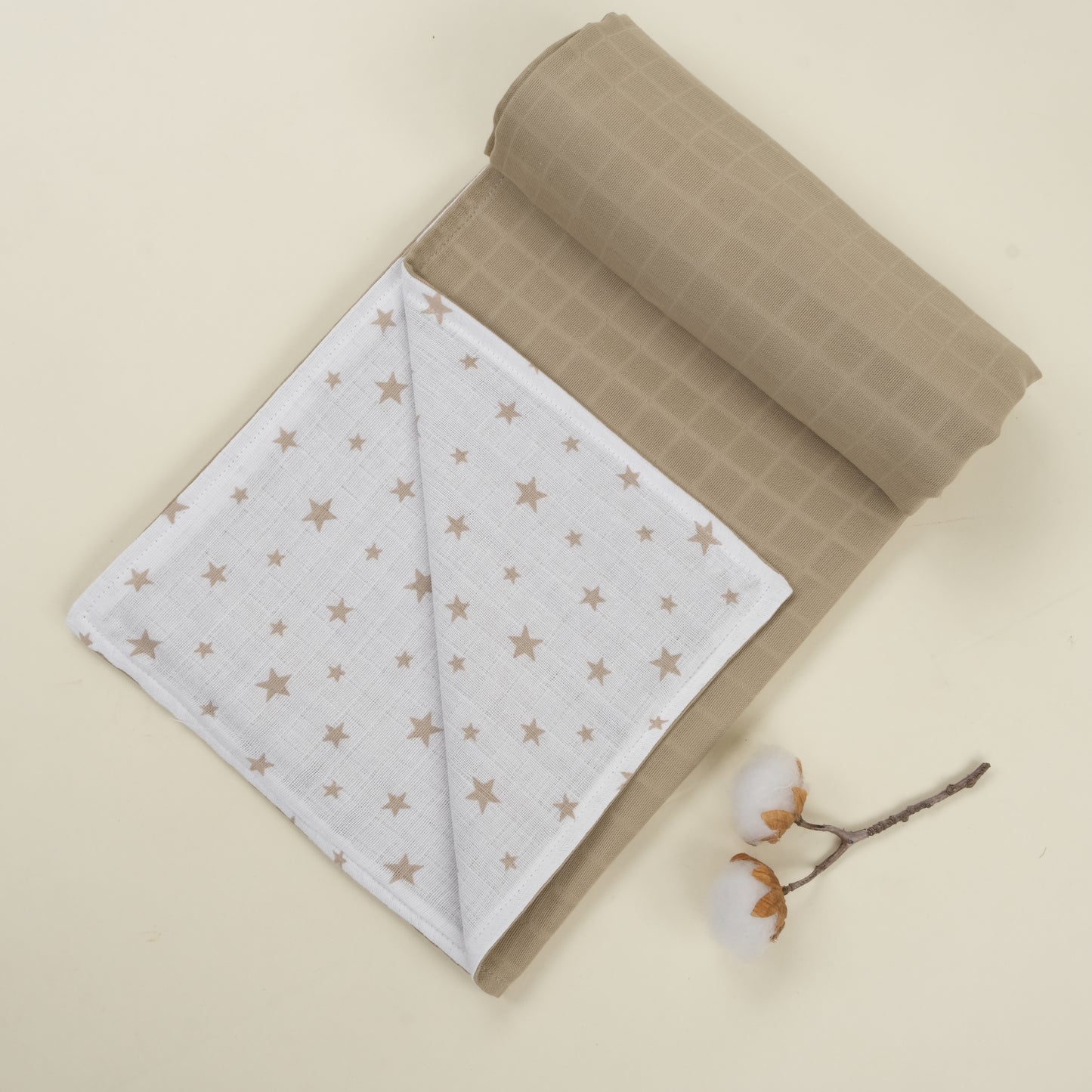 Çift Taraflı Muslin Örtü - Kahverengi Yıldız - Toprak Muslin