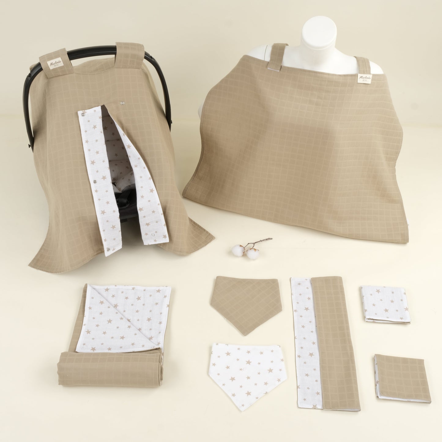 9 Parça Avantajlı Set - Çift Taraflı - Kahverengi Yıldız - Toprak Muslin