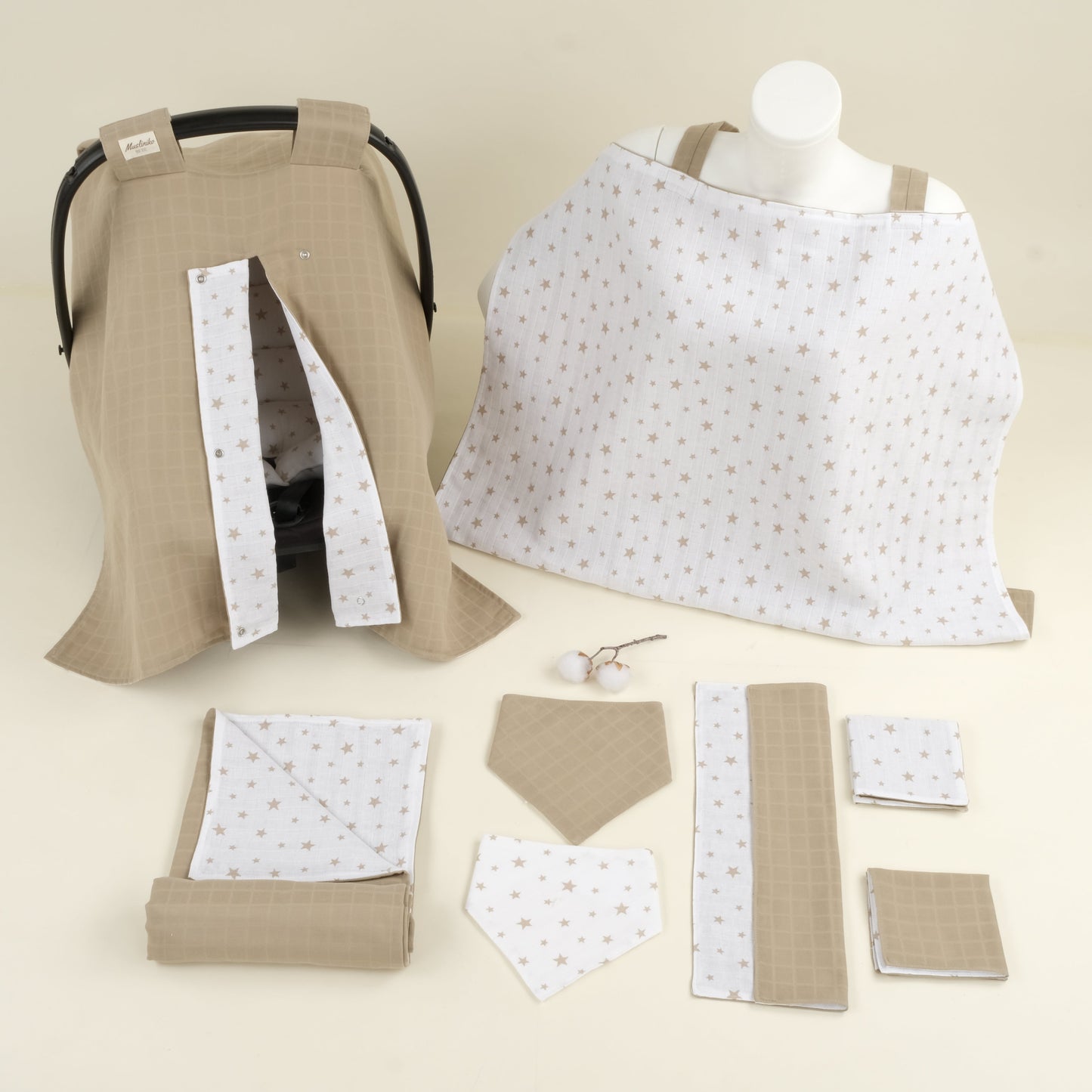9 Parça Avantajlı Set - Çift Taraflı - Kahverengi Yıldız - Toprak Muslin