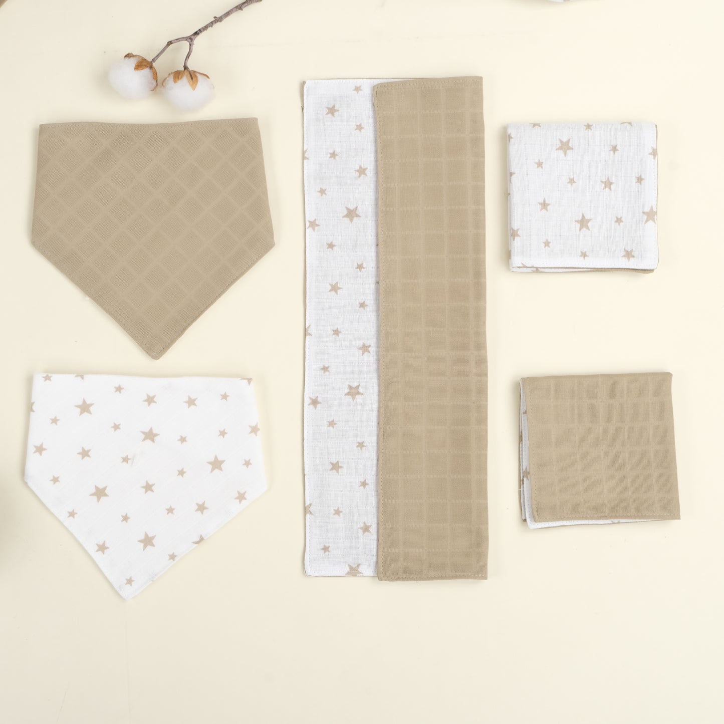 9 Parça Avantajlı Set - Çift Taraflı - Kahverengi Yıldız - Toprak Muslin