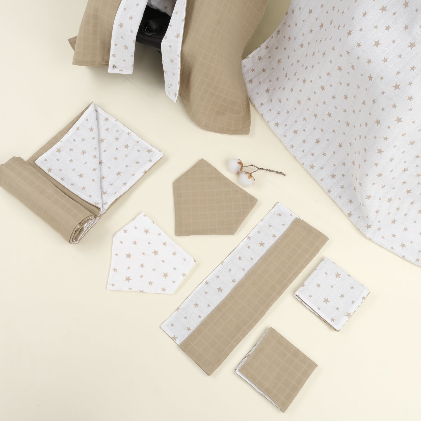 9 Parça Avantajlı Set - Çift Taraflı - Kahverengi Yıldız - Toprak Muslin