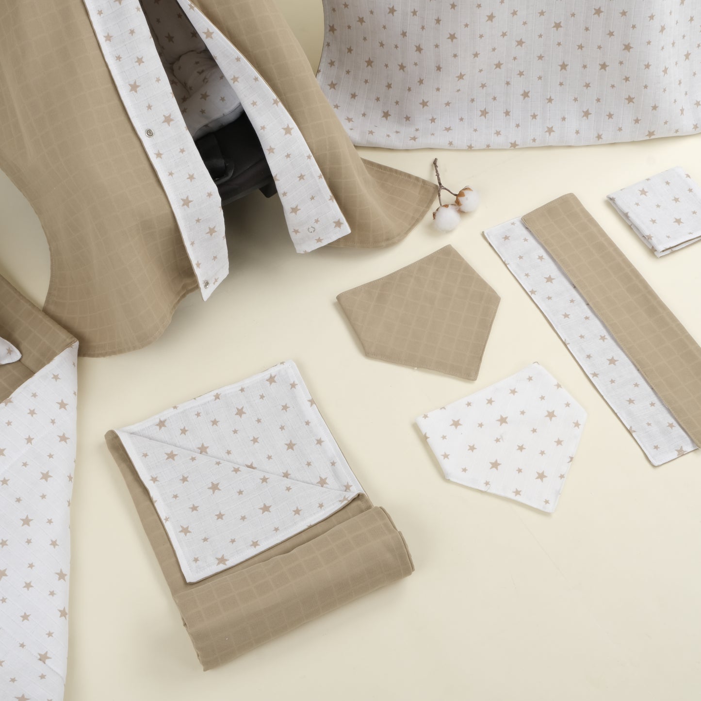 11 Parça Avantajlı Set - Çift Taraflı - Kahverengi Yıldız - Toprak Muslin