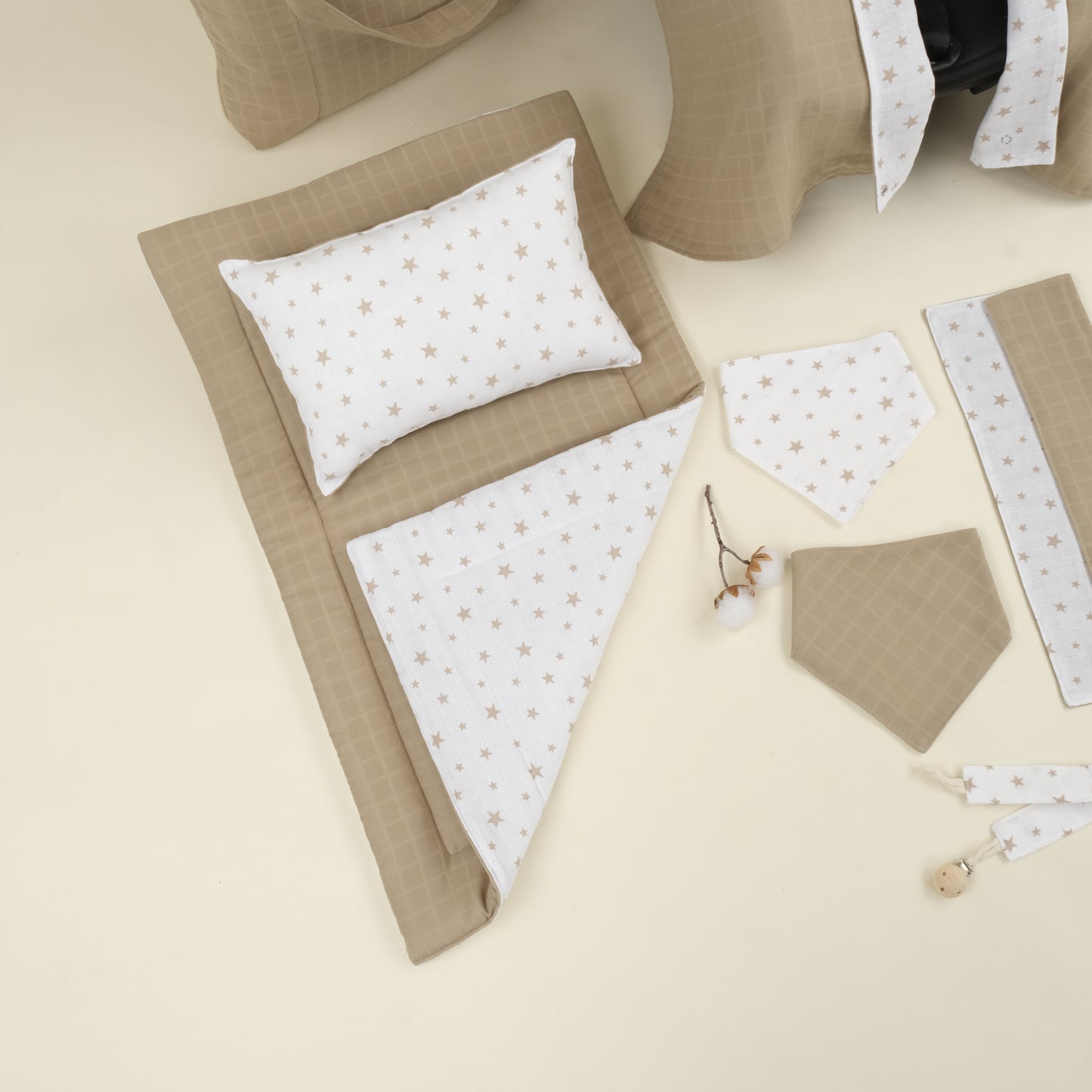 14 Parça Avantajlı Set - Çift Taraflı - Kahverengi Yıldız - Toprak Muslin