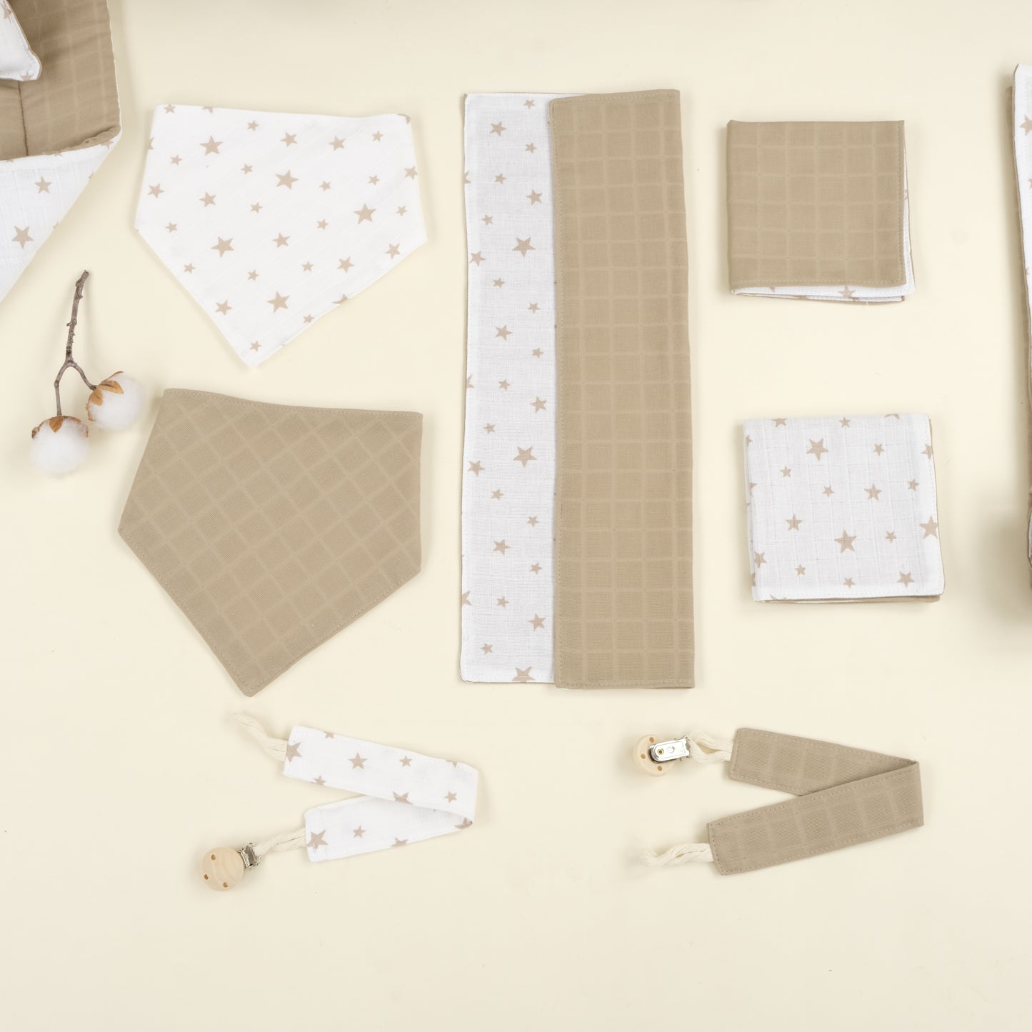 14 Parça Avantajlı Set - Çift Taraflı - Kahverengi Yıldız - Toprak Muslin