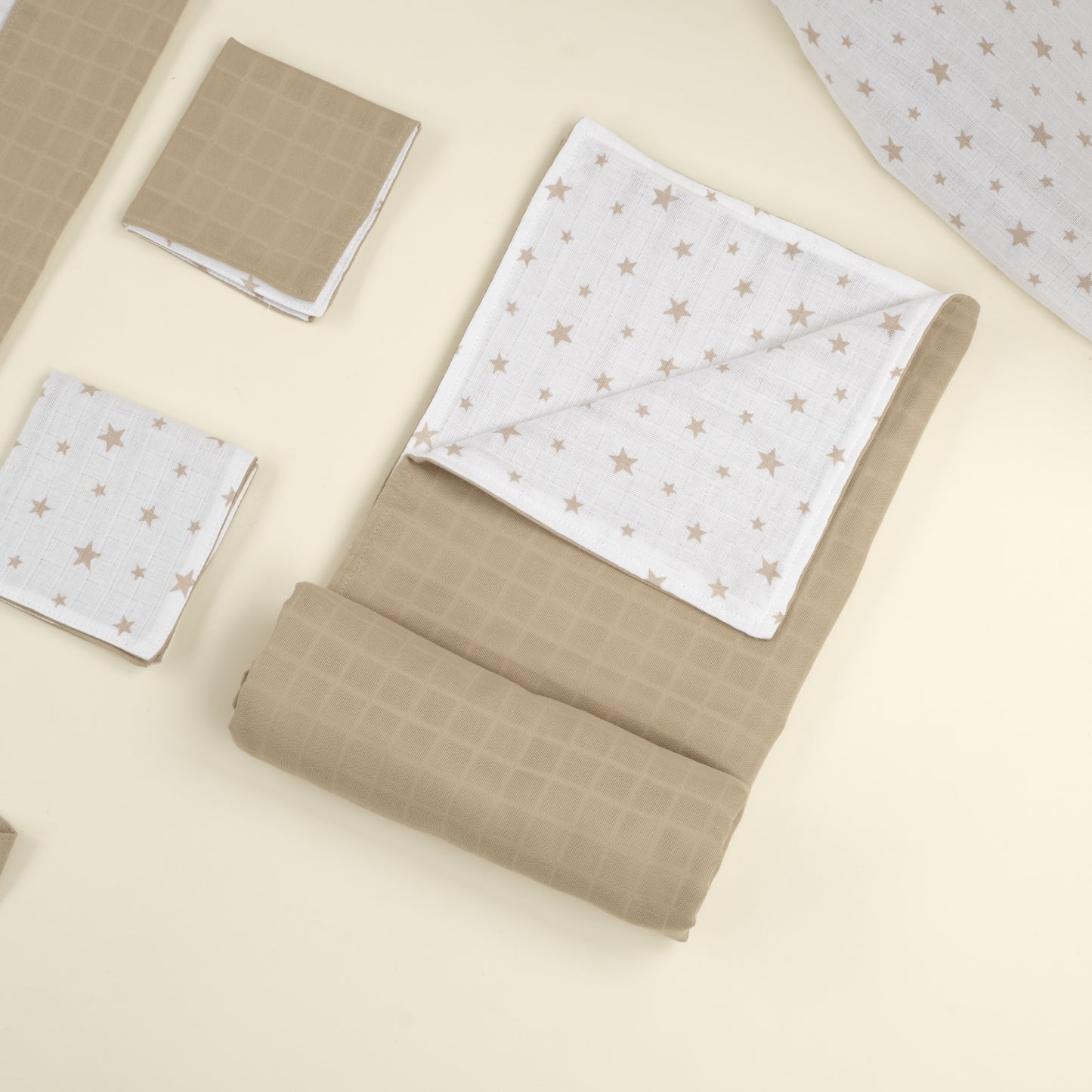 14 Parça Avantajlı Set - Çift Taraflı - Kahverengi Yıldız - Toprak Muslin