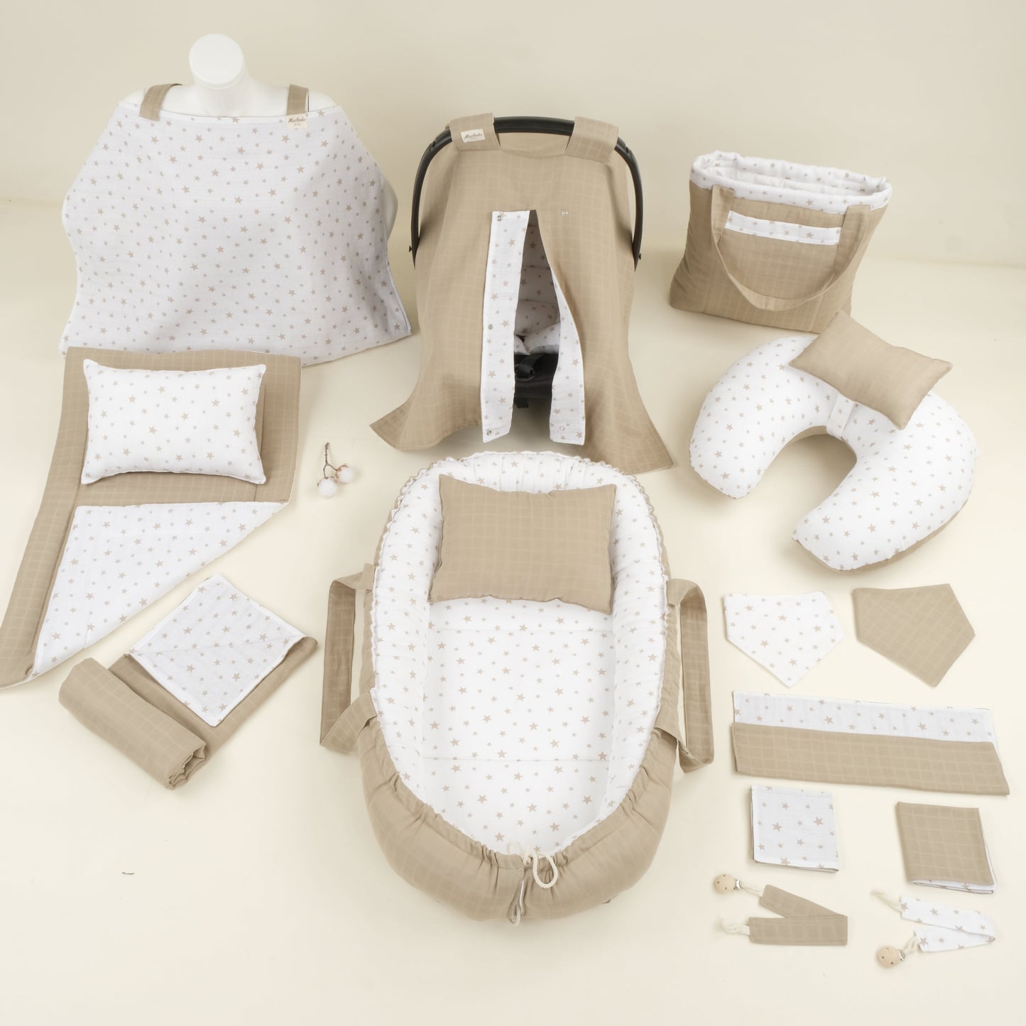 18 Parça Full Set - Çift Taraflı - Kahverengi Yıldız - Toprak Muslin