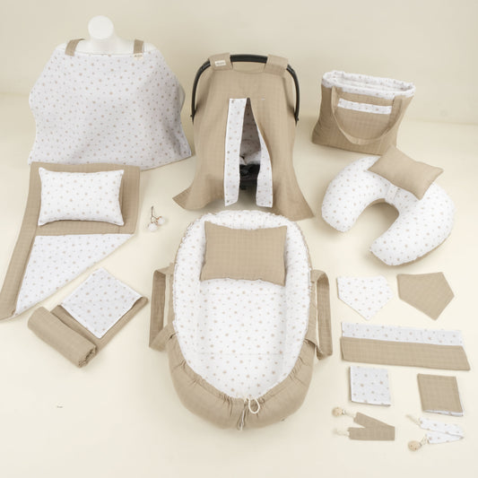 18 Parça Full Set - Çift Taraflı - Kahverengi Yıldız - Toprak Muslin