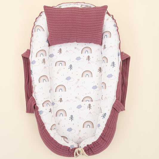 Babynest ve Yastık - Çift Taraflı - Mürdüm Örgü - Pastel Gökkuşağı
